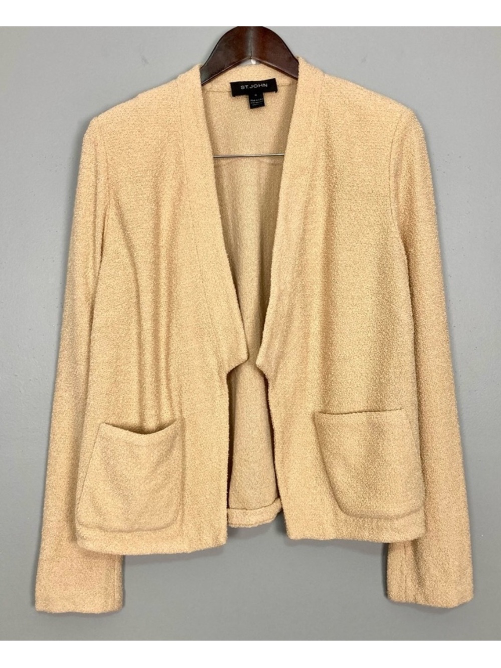 St. John Wool Blend Knit Blazer Women’s Size 10 Open Front Pockets Designer